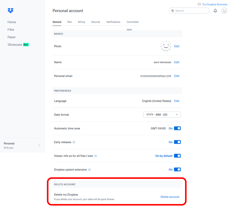 Delete your Dropbox account