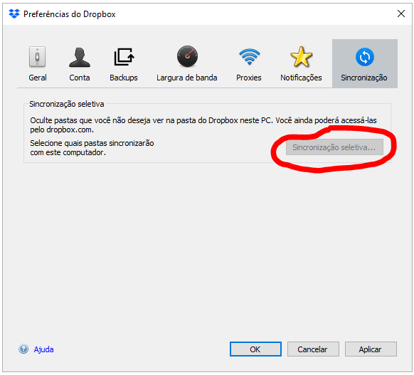 Nem selecionar a sincronização seletiva.