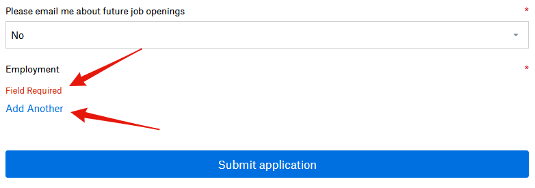 Form error after trying to submit without adding any employment history.