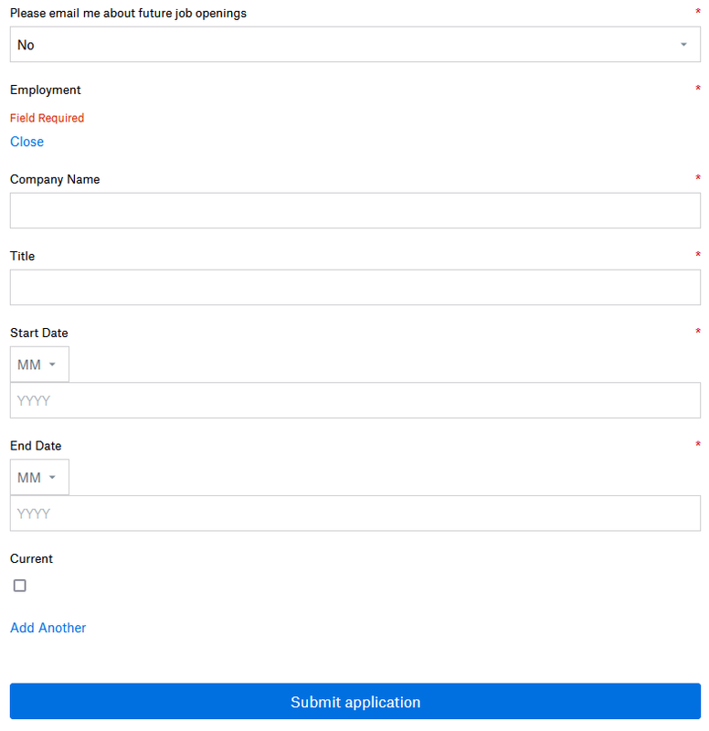 Form after expaning the section for employment history.