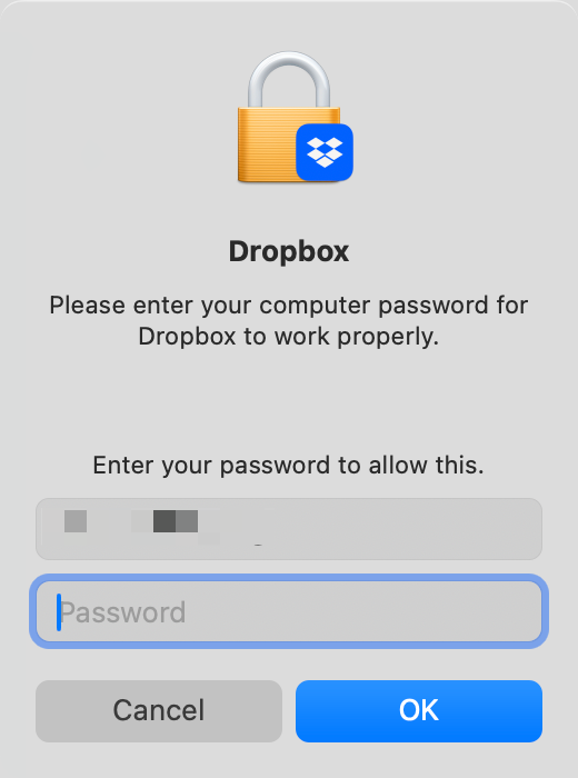 Screenshot of a dialog box showing the Dropbox logo and asking for an administrators password.