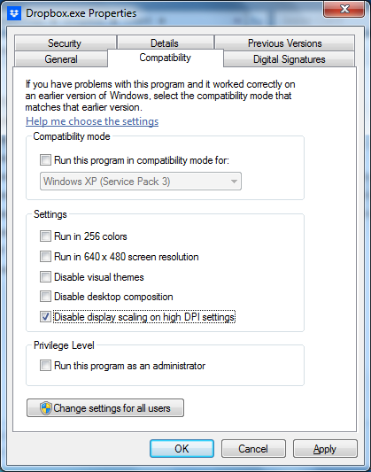 Compatibility tab for the Dropbox.exe properties.