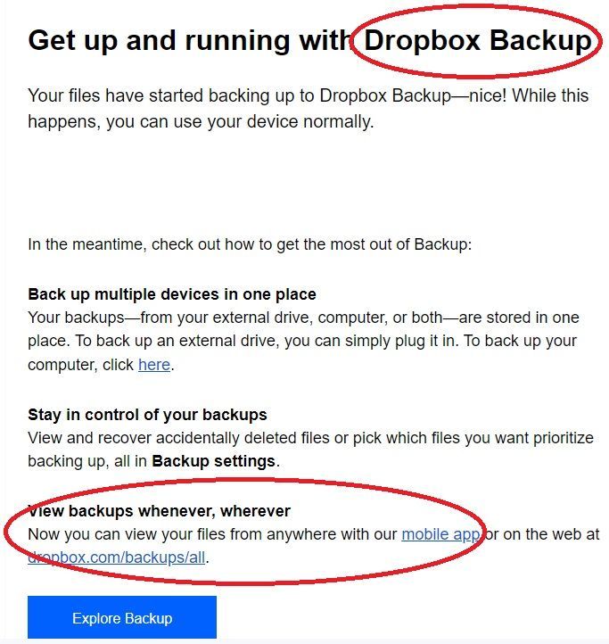 Dropbox Backup welcome email directs users to the App